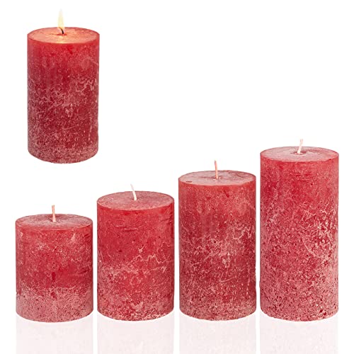 Candelo 4er Set Rustik Kerzen Ambiente Weihnachten - Adventskranz Kerze Rustic - Rot/Red - 8/10/12/14cm - rote Stumpenkerze Advent Weihnachtskerze Ohne Duft von Candelo