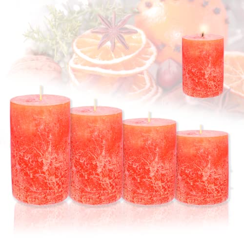 Candelo 4er Set Rustik Kerzen Ambiente Weihnachten - Adventskranz Rustic - Farbe Winter Orange - 8/10/12/14cm - Stumpenkerze Advent Weihnachtskerze von Candelo