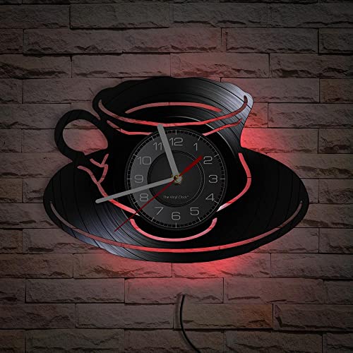 Smotly Vinyl-Wanduhr, LED-Nachtlichtfunktion, Kaffeetasse, Themen-Wanduhr, ist eine Wanduhr Geschenk für Kaffeeliebhaber. (sieben Farben) von Smotly