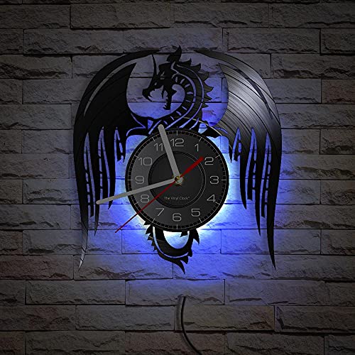 Smotly Vinyl Wanduhr, Mythical Beast Flying Dragon Theme Silent Wall Clock with LED Night Light Funktion is a unique wall clock gift with home pattern (With light) von Smotly