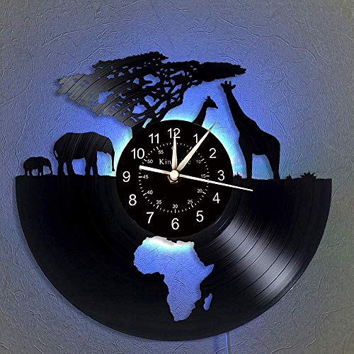 Vinyl Wanduhr, Afrika - Safari Tiere 7 Farbe Nachttischlampe Retro Wanduhr, South African Tier Geschenke handgemachte Hauptwanddekor,A,with Light von Smotly
