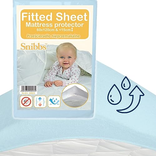 Snibbs wasserdichtes Spannbetttuch mit Eckgurten, wasserdichte Matratzenauflage fürs Babybett, Matratzenschoner 60x120 Baby wasserdicht, Nässeschutz 60 * 120 mit atmungsaktiver TPU-Membran blau von Snibbs