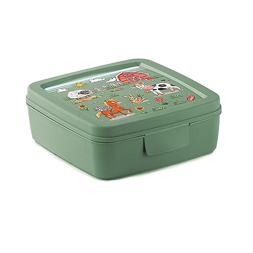 Snips Sandwichbox, Kinder-Lunchbox, Farm-Dekor, Essensbox 14,5 x 14,5 x 5,5 cm, Grüne Farbe, Made in Italy, 0% BPA von Snips