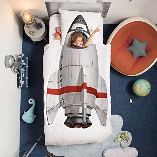 Snurk - Kinder-Bettwäsche-Set - Rocket, Rakete - Baumwolle - Decke (135x200cm) und Kissen (80x80cm) von Snurk
