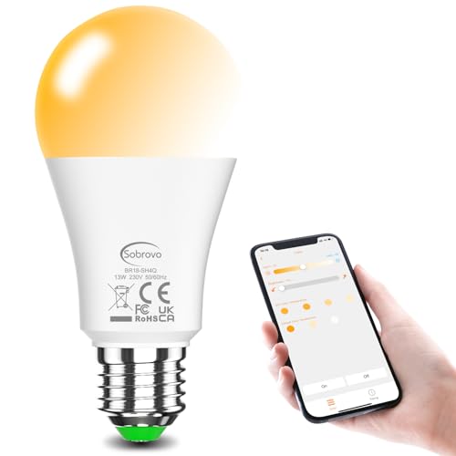 LED Smart Glühbirne Kompatibel mit Alexa, 13W 1200LM E27 Bluetooth Lampe, 2700K-6500K Dimmbar Warmweiß Kaltweiß, App Steuern, Sprachsteuerung, Energiesparend, Smarte LED Glühbirnen(1 Stück) von Sobrovo