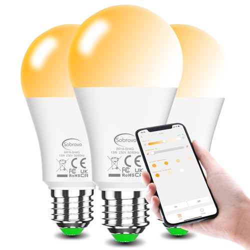 LED Smart Glühbirne Kompatibel mit Alexa, 13W 1200LM E27 Bluetooth Lampe,2700K-6500K Dimmbar Warmweiß Kaltweiß, App Steuern, Sprachsteuerung, Energiesparend, Smarte LED Glühbirnen(3 Stück) von Sobrovo