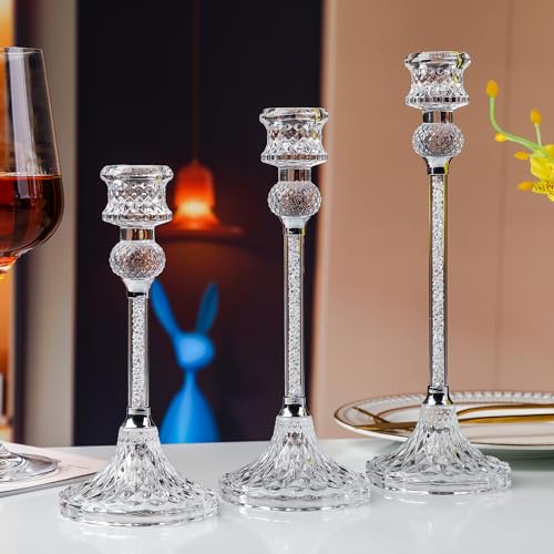 Kristall Kerzenständer Stabkerzen Hoch,Set of 3 Kerzenhalter Glas Elegant für Stabkerze Kerzen für Hochzeit Tischdeko Weihnachten Advent Wohnzimmer Vintage Deko (Weiß) von Soetai