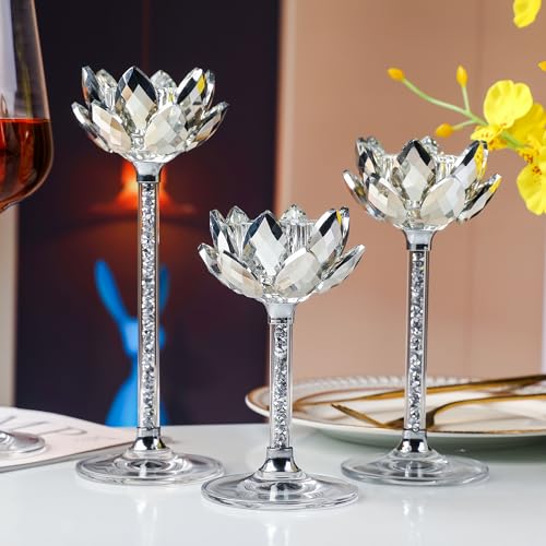 Kristall Lotusblume Kerzenständer, 3 kleine Silberne Teelichthalter, transparenter Silber-Kerzenständer, geeignet für Hochzeit, Partys, Weihnachten, Kaminsimsdekoration und mehr. (Silber) von Soetai