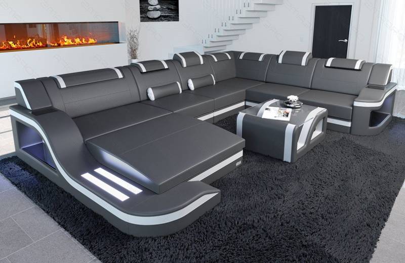 Sofa Dreams Wohnlandschaft Ledercouch Sofa Leder Palermo XXL U Form Ledersofa, Couch, mit LED, wahlweise mit Bettfunktion als Schlafsofa, Designersofa von Sofa Dreams