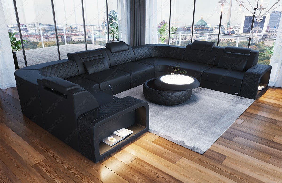 Sofa Dreams Wohnlandschaft Ledersofa Couch Foggia U Form Leder Sofa, mit LED, verstellbare Kopstützen, Designersofa von Sofa Dreams