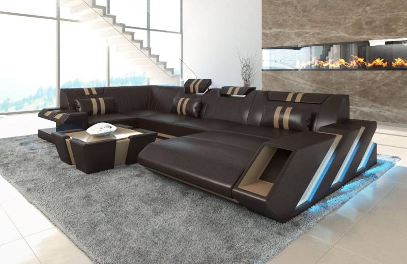 Sofa Dreams Wohnlandschaft Ledersofa Ledercouch Apollonia U Form Leder Sofa, Couch, mit LED, wahlweise mit Bettfunktion als Schlafsofa, Designersofa von Sofa Dreams