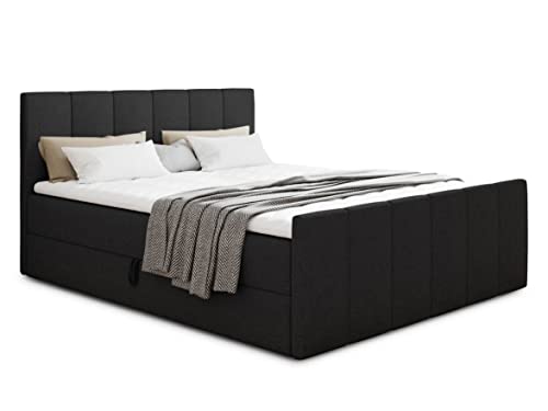 Boxspringbett Star Lux mit Fußteil, 2 Bettkästen und Matratzentopper - Doppelbett mit Topper, Bonell-Matratze, Polsterbett, Bett, Betten, Schlafzimmer (180 x 200 cm, Schwarz (Inari 100)) von Sofnet