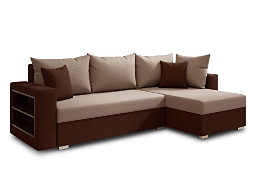 Ecksofa Lord mit praktischen Regal - Sofa mit Bettkasten und Schlaffunktion, Schlafsofa, Polsterecke, Couch L-Form, Couchgarnitur, Sofagarnitur (Braun + Beige (Alova 68 + 07), Ecksofa Rechts) von Sofnet