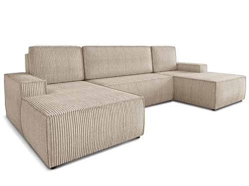 Wohnlandschaft mit Schlaffunktion Totti - U-Form Couch, Schlafsofa mit Bettkasten, Couchgranitur mit Bettfunktion, Big Sofa, Cord Stoff, Wohnzimmer (Beige (Poso 100)) von Sofnet