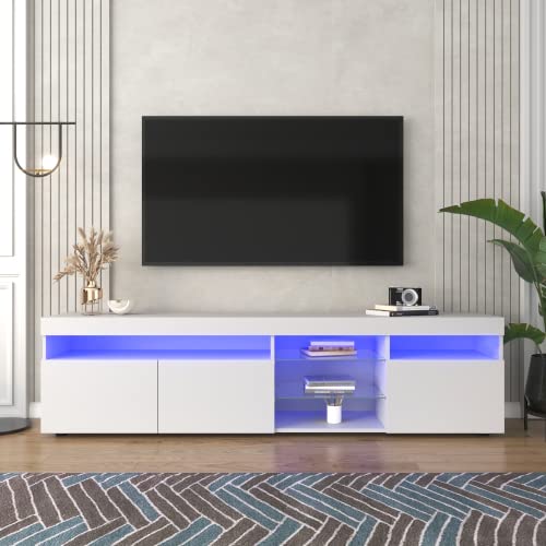 SogesHome TV Lowboard TV-Bank Holz 180 cm TV Schrank Weißer moderner Fernsehschrank, Helles Panel, Variable LED-Beleuchtung, für Wohnzimmer Esszimmer, 180 x 35 x 45 cm von SogesHome