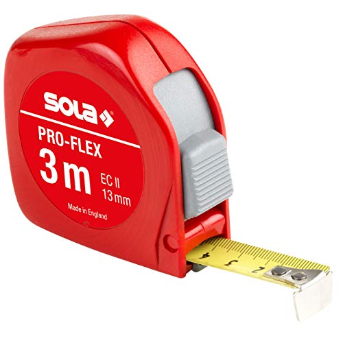 SOLA Bandmaß - PRO-FLEX - 3m / 13mm - Taschenbandmaß mit Gürtelclip - Stahlband, gelb lackiert mit mm Skala - Genauigkeitsklasse II - Rollmeter mit beweglichem Endhaken - Metermaß Länge - 3m/13mm von Sola