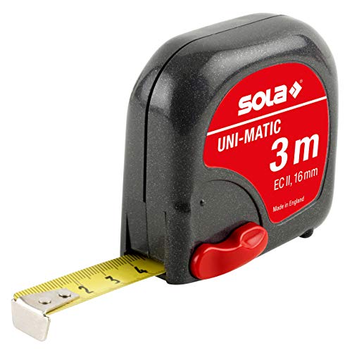 SOLA Bandmaß - UNI-MATIC - 3m / 16mm - Taschenbandmaß mit Gürtelclip - Stahlband, gelb lackiert mit mm Skala - Genauigkeitsklasse II - Rollmeter mit beweglichem Endhaken - Metermaß Länge - 3m/16mm von Sola