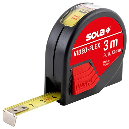 SOLA Bandmaß - VIDEO-FLEX - 3m / 13mm - Taschenbandmaß für Innenmessungen - Stahlband, gelb lackiert mit mm Skala - Genauigkeitsklasse II - Rollmeter mit beweglichem Endhaken - Länge 3m/13mm von Sola