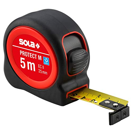 SOLA Bandmaß magnetisch - PROTECT M - 5m / 25mm - robustes Rollbandmaß mit Gürtelclip - Stahlband, gelb mit mm Skala - Genauigkeitsklasse II - Rollmeter mit beweglichem Endhaken - Länge 5m/25mm von Sola