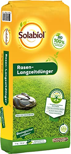 Solabiol Rasen-Langzeitdünger, natürlicher Bio Rasendünger mit 120 Tage Langzeitwirkung und natürlichem Wurzelstimulator, 10 kg Sack für 250m² von Solabiol