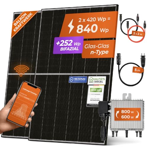 Solarway 840W Balkonkraftwerk 800W Komplett Steckdose - Ausgang einstellbar 600/800W - 2x420W Bifaziale Glas/Glas n-Type JaSolar-Module, Wechselrichter mit APP&WiFi, Plug&Play von Solarway