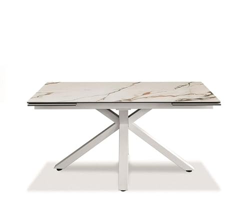 Sololed Ausziehbarer Tisch von 160 cm bis 240 cm, moderner Esszimmer mit zwei Verlängerungen aus Keramik auf gehärtetem Glas und Beinen aus Metall (Calacatta-Marmor) von Sololed