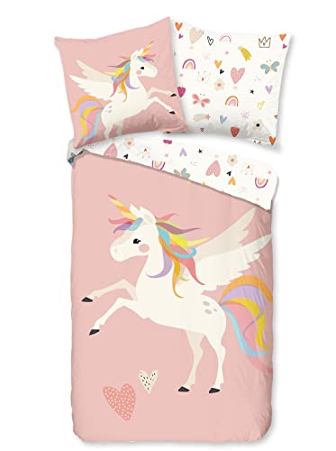 Soma Renforcé Pastell Kinder-Bettwäsche-Set 2 teilig Bettbezug 2tlg 135x200cm 80x80cm (Einhorn rosa weiß) von Soma