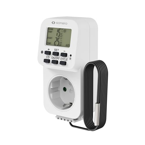 sonero digitales Thermostat Steckdose, Temperaturregler, Heizung, Kühlung, zeitgesteuert mit externem Fühler, für Terrarium, Gewächshaus, Räucherofen, als Frostwächter, 3600 Watt, weiß von Sonero