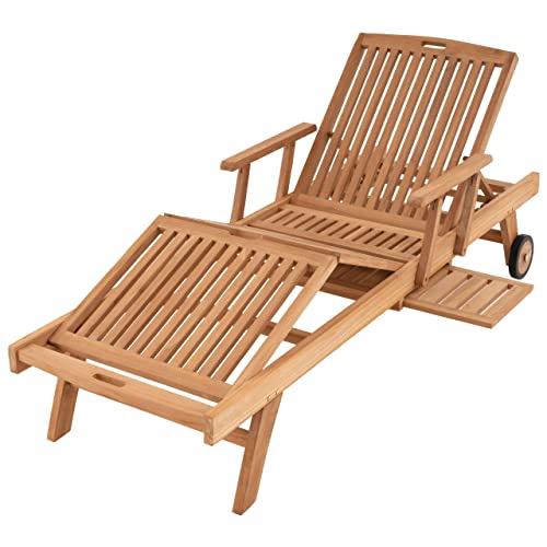 Sonnenliege Gartenliege Relax-Liege Teak-Holz inkl. Räder Tablett – Lehne & Fußteil verstellbar – behandelte Oberfläche Pool-Liege Balkonliege von Sonlex