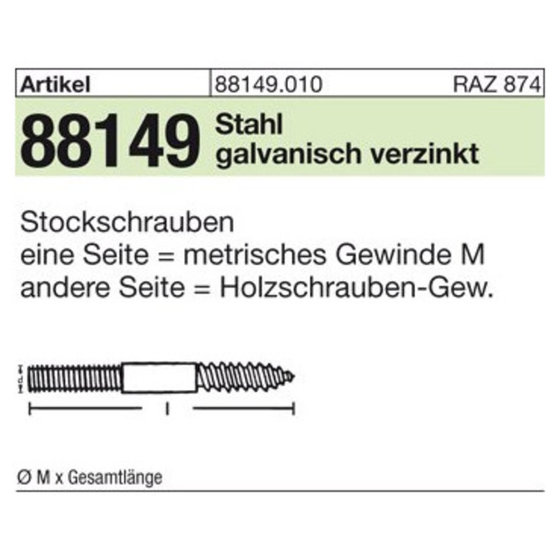 ART 88149 Stockschrauben Stahl Typ 23E M 8 x 200 galv. verzinkt gal Zn S von Sonstige