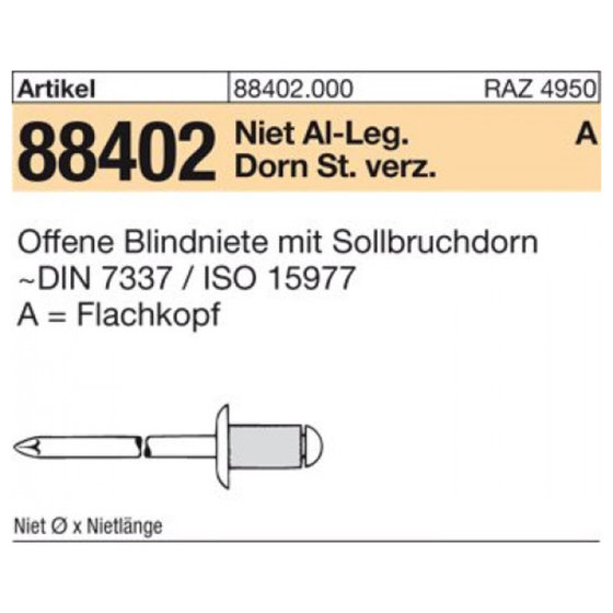 ART 88402 Blindniete Alu/St. verz. FLAKO A 6,4 x 25 S von Sonstige