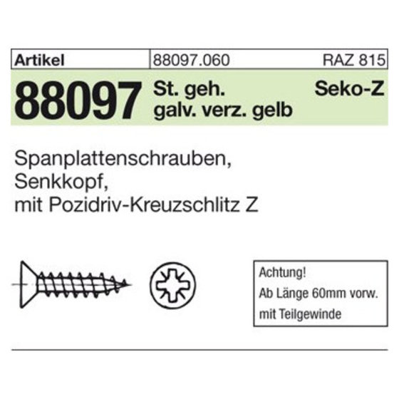 Spanplattenschrauben 89097 Senkkopf CE Stahl 6 x 120/70 -Z gal ZnC gal ZnC S von Sonstige