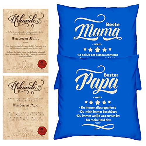 2 Urkunden & 2 Sprüche Kissen : Bester Papa Weil & Beste Mama Weil Geschenk für Eltern zu Weihnachten - royal-blau & royal-blau von Soreso Design