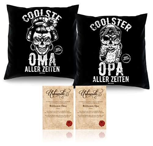 4er Set Geschenk für Oma und Opa zu Weihnachten 2 Kissen und 2 Geschenke-Karten für Ihre Großeltern von Soreso Design