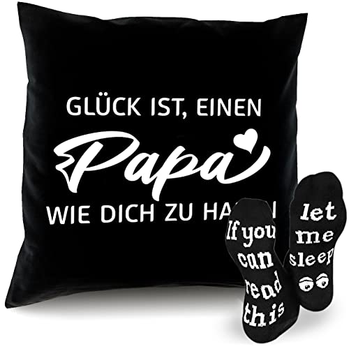 Geschenk für Papa zum Geburtstag Vatertag Weihnachten Kissen - Glück ist, einen Papa wie dich zu haben + Schmunzel-Socken - Geschenke für Väter Geschenk-Idee Set Kissen 40 x 40 cm schwarz von Soreso Design