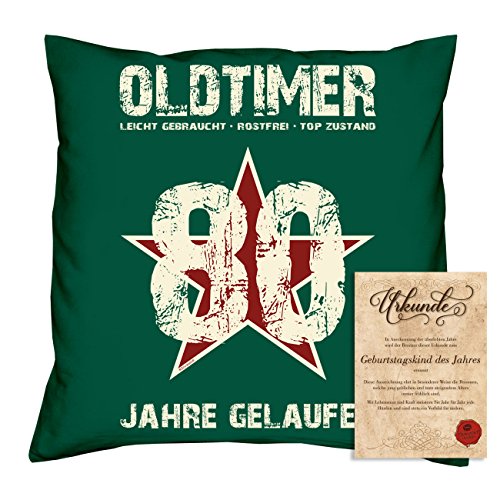 Sofakissen mit Füllung Geschenk für Männer zum 80 Geburtstag Motiv Oldtimer 80 Geburtstagsgeschenk + Urkunde Farbe:dunkelgrün von Soreso Design