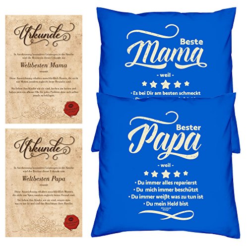 Soreso Design Geschenk Set für Eltern zu Weihnachten 2 Kissen und 2 Urkunden für Mama und Papa Farbe royal-blau von Soreso Design