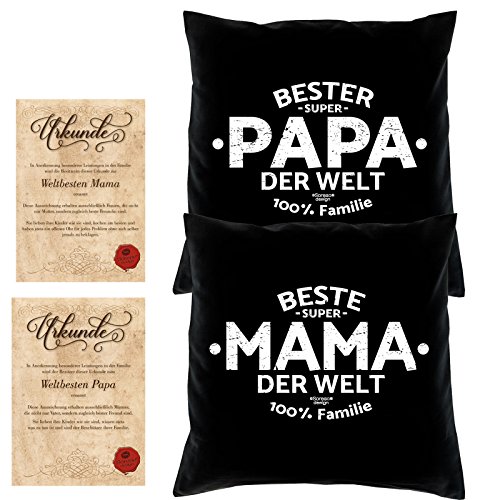 Soreso Design Geschenk Set für Eltern zu Weihnachten 2 Kissen und 2 Urkunden für Mama und Papa Farbe schwarz von Soreso Design