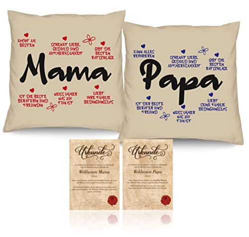 Soreso Design Mama Papa Geschenk zu Weihnachten 2er Kissen-Set + 2 Urkunden/Mama/Papa Geschenkidee Geschenke-Set Eltern Deko-Kissen mit Spruch von Soreso Design