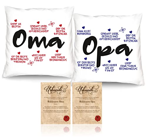 Soreso Design Geschenk für Oma und Opa zu Weihnachten 2er Kissen-Set/Oma/Opa Geschenkidee Geschenke-Set Großeltern Kissen 40 x 40 cm Weiss von Soreso Design