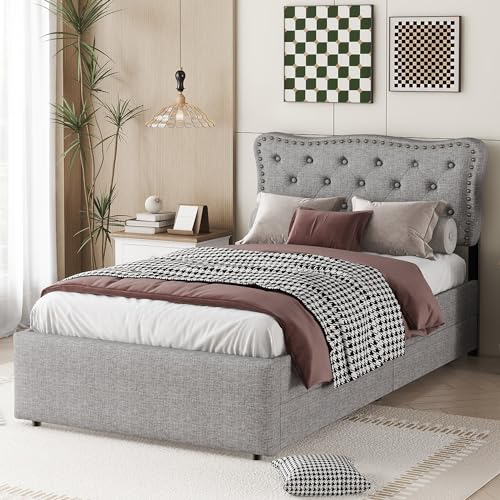 Soweiz Gepolstertes Bett, 90X200 cm flaches Bett, Nachttischpolsterung mit dekorativen Nieten, doppelte Schubladen (Grau) von Soweiz