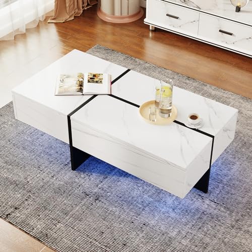 Soweiz Hochglänzender Couchtisch, Struktur aus weißem Marmorimitat und farblich passender Tisch in Schwarz,100x50x34.5cm, mit App-gesteuertem LED-Beleuchtungssystem (Weiß) von Soweiz