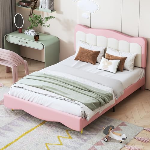 Soweiz Kinderbett Polsterbett 140x200 cm, PU-Leder süßes Mädchenbett rosa Jugendbett Doppelbett mit Lattenrost (Matratze Nicht im Lieferumfang enthalten) von Soweiz