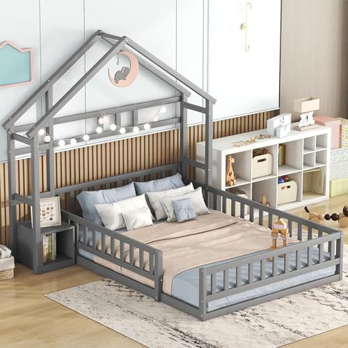 Soweiz Kinderbetten140 x 200cm, Flachbetten, Hausbetten mit Geländer, mit Nachttischen (Grau) von Soweiz