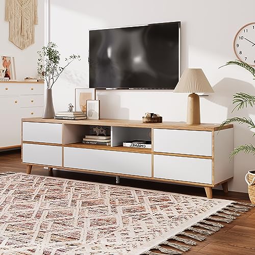 Soweiz Lowboard, TV-Schrank, Wohnzimmermöbel in Weiß und Holzfarben. Fächern und Türen im natürlichen Landhausstil. von Soweiz