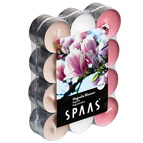 Spaas Pack chauffe plats parfumées Fleur de 24 Duft-Teelichter Farben Sortiert, ± 4,5 Stunden-Magnolia Blossom, Altes rosa, D 39 mm x H 16 mm von Spaas