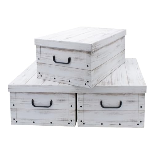 3er Set Aufbewahrungsbox mit Deckel 51 x 37 cm - Holzoptik weiß - Stapelbox aus Pappe mit Griffen 45 Liter - Organizer Storage Box Allzweck Spielzeug Kiste Geschenk Karton stapelbar von Spetebo