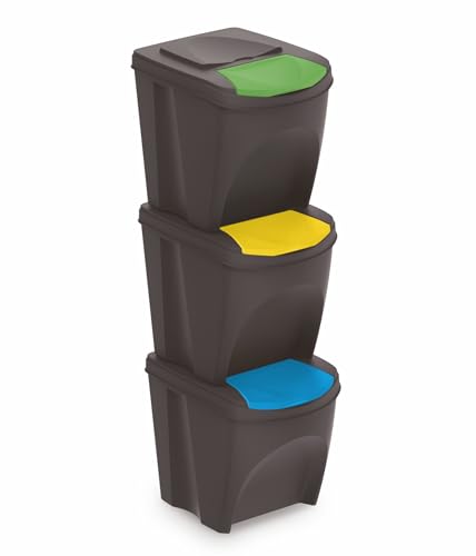 Spetebo Sortibox Mülleimer mit Deckel 25 L - 3er Set/anthrazit - Stapelbares Müll Trennsystem - Abfall Sortierer Trenner Sytem Trennkörbe stapelbar mit Klappe von Spetebo
