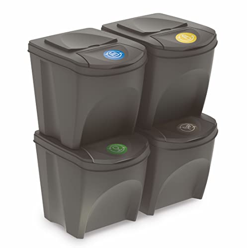 Sortibox Mülleimer mit Deckel 25 L - 4er Set/steingrau - Stapelbares Müll Trennsystem - Abfall Sortierer Trenner Sytem Trennkörbe stapelbar mit Klappe von Spetebo