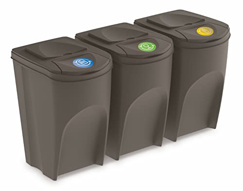 Sortibox Mülleimer mit Deckel 35 L - 3er Set/steingrau - Stapelbares Müll Trennsystem - Abfall Sortierer Trenner Sytem Trennkörbe stapelbar mit Klappe von Spetebo